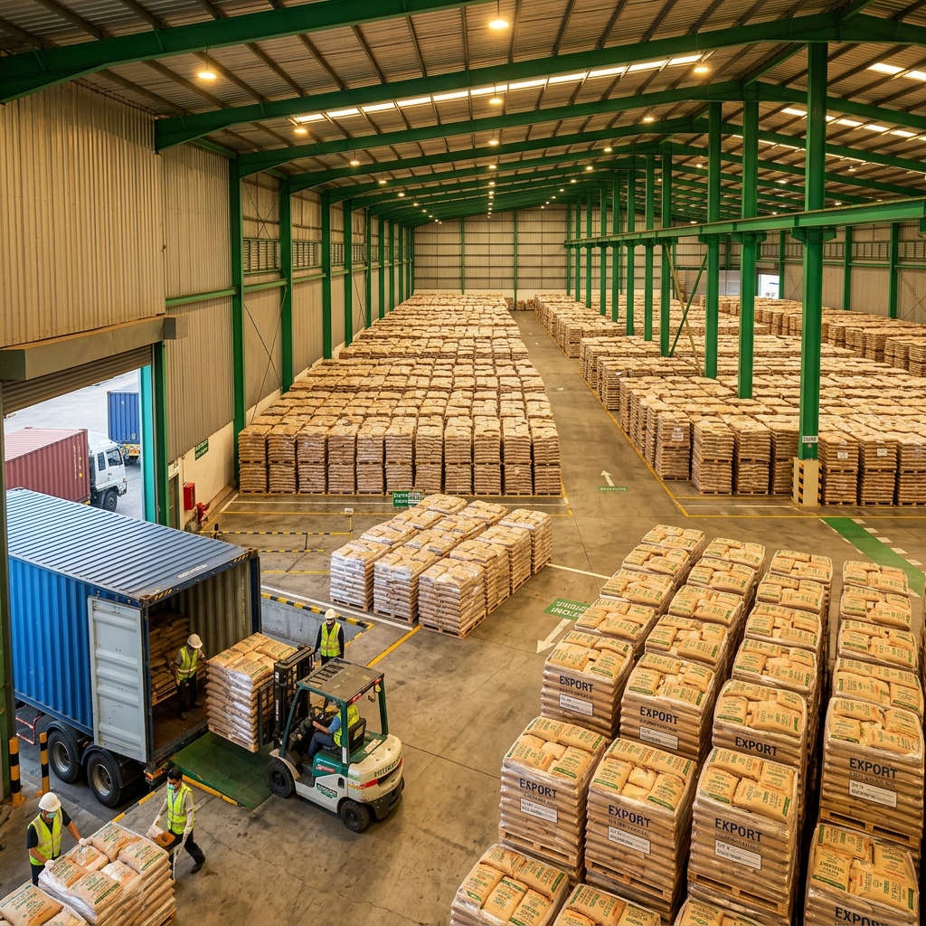 Export warehouse with stacked rice bags