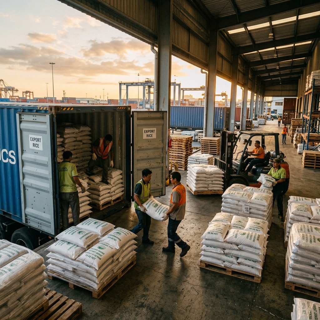 Rice bags being loaded into shipping container